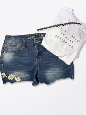 Hydraulic Blue Denim Jean Shorts with Daisy Patch Accent